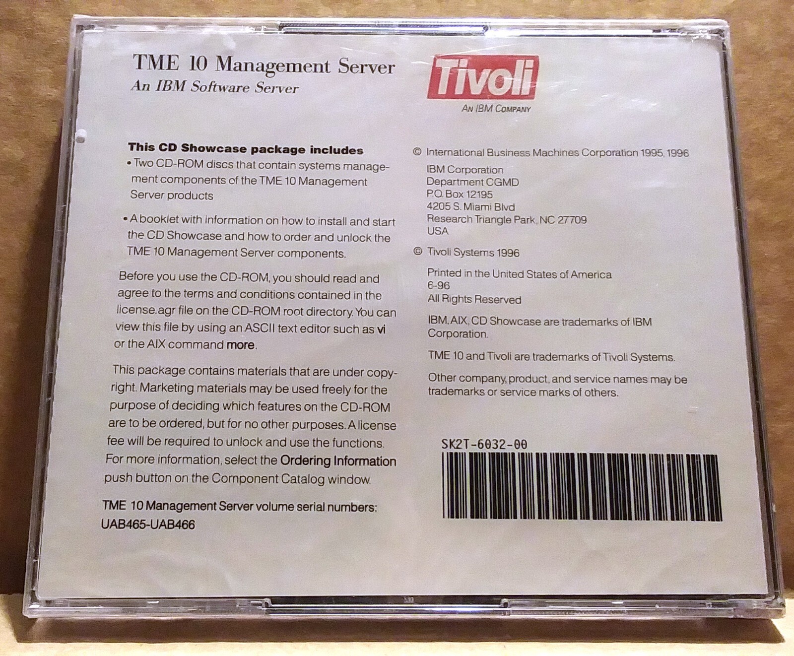 NEW – 1996 TIVOLI TIME 10 IBM MANAGEMENT SOFTWARE SERVER 2 CD SK2T-6032-00 USA