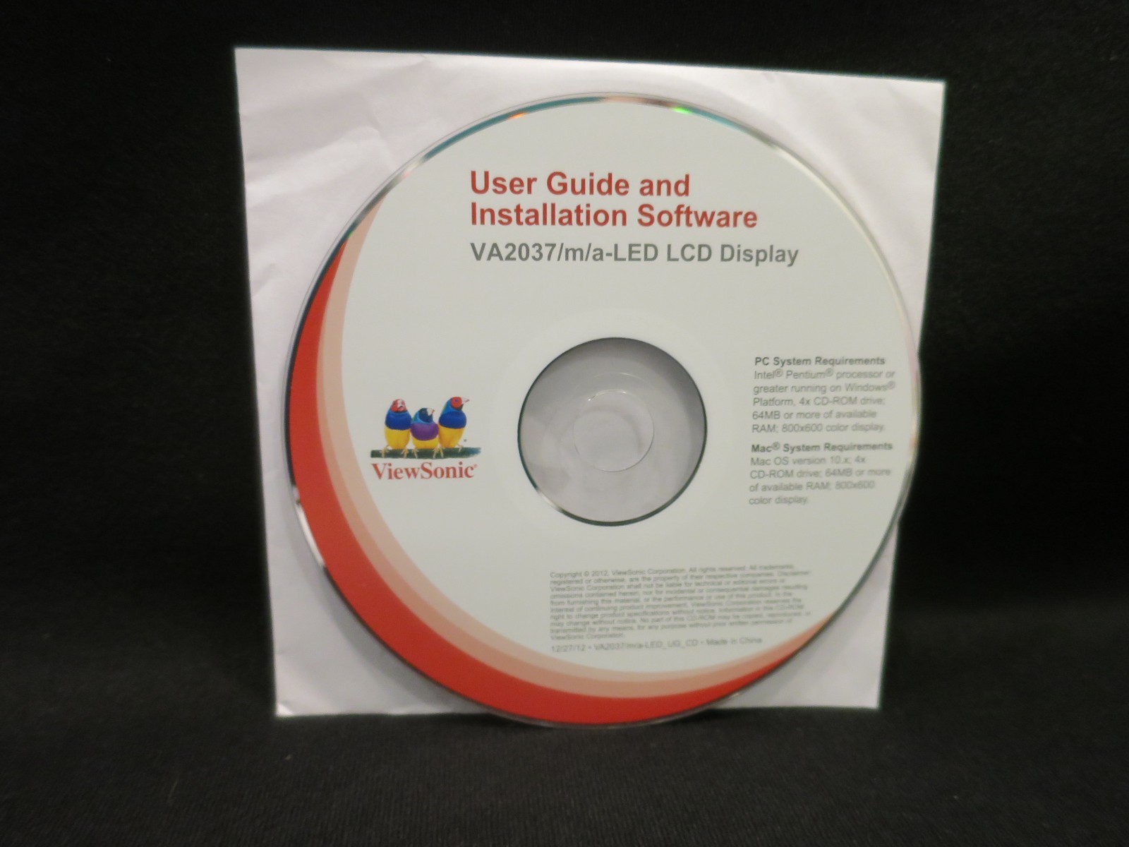ViewSonic VA2037 LCD Monitor Display User Guide Installation Software CD PC/Mac