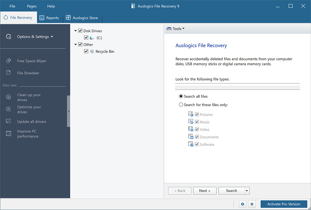 Auslogics File Recovery , File recover software from virus attack , deletion