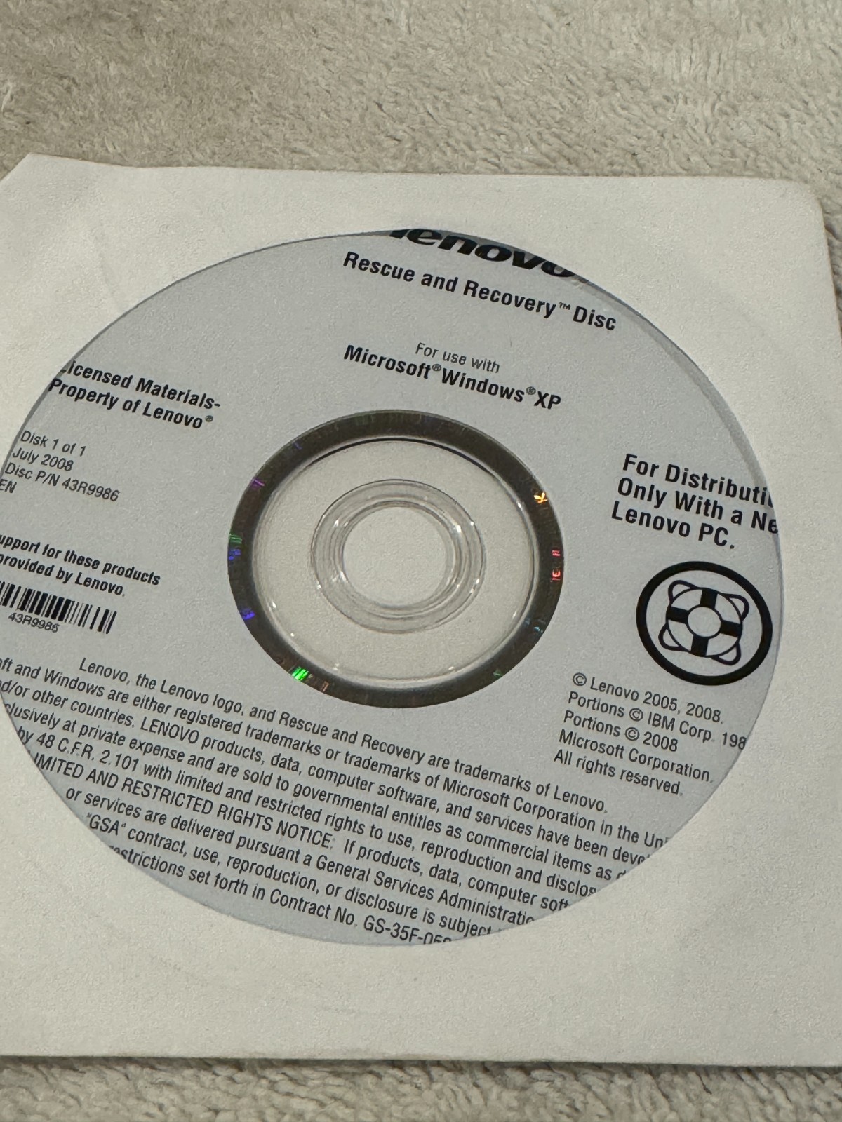 Lenovo Rescue and Recovery CD Disc Disk 1 of 1 For Use W/ Windows XP – CD ONLY!!