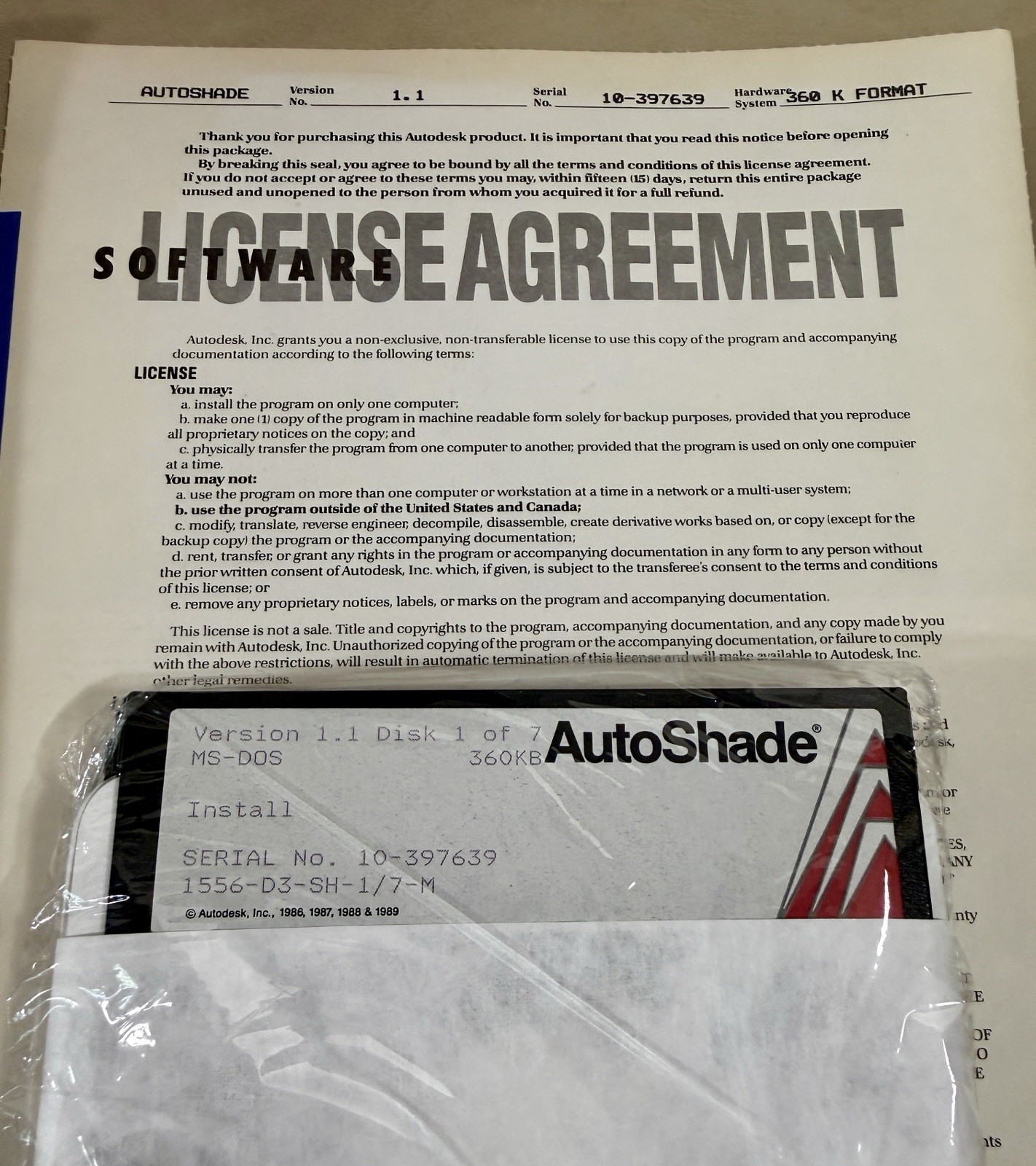 AutoDesk AutoShade Version 1.1 MS DOS 5.25″ Floppy Disks 360K Format Brand New