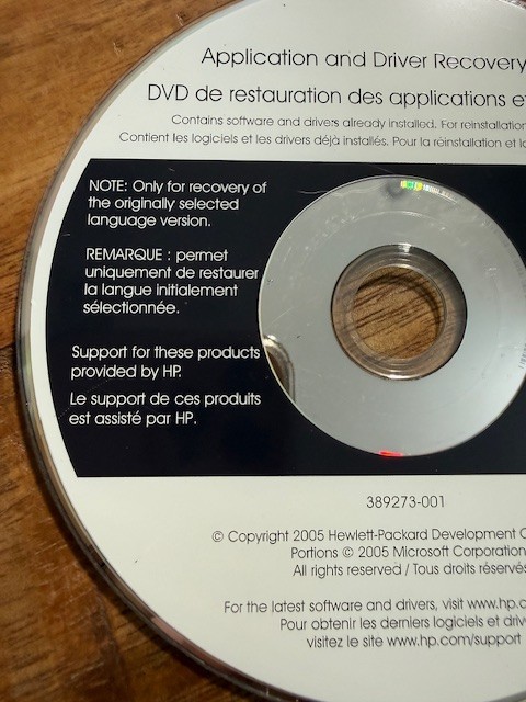 HP PC Hewlett Packard Application Driver Recovery DVD 2005 389273-001 Disc