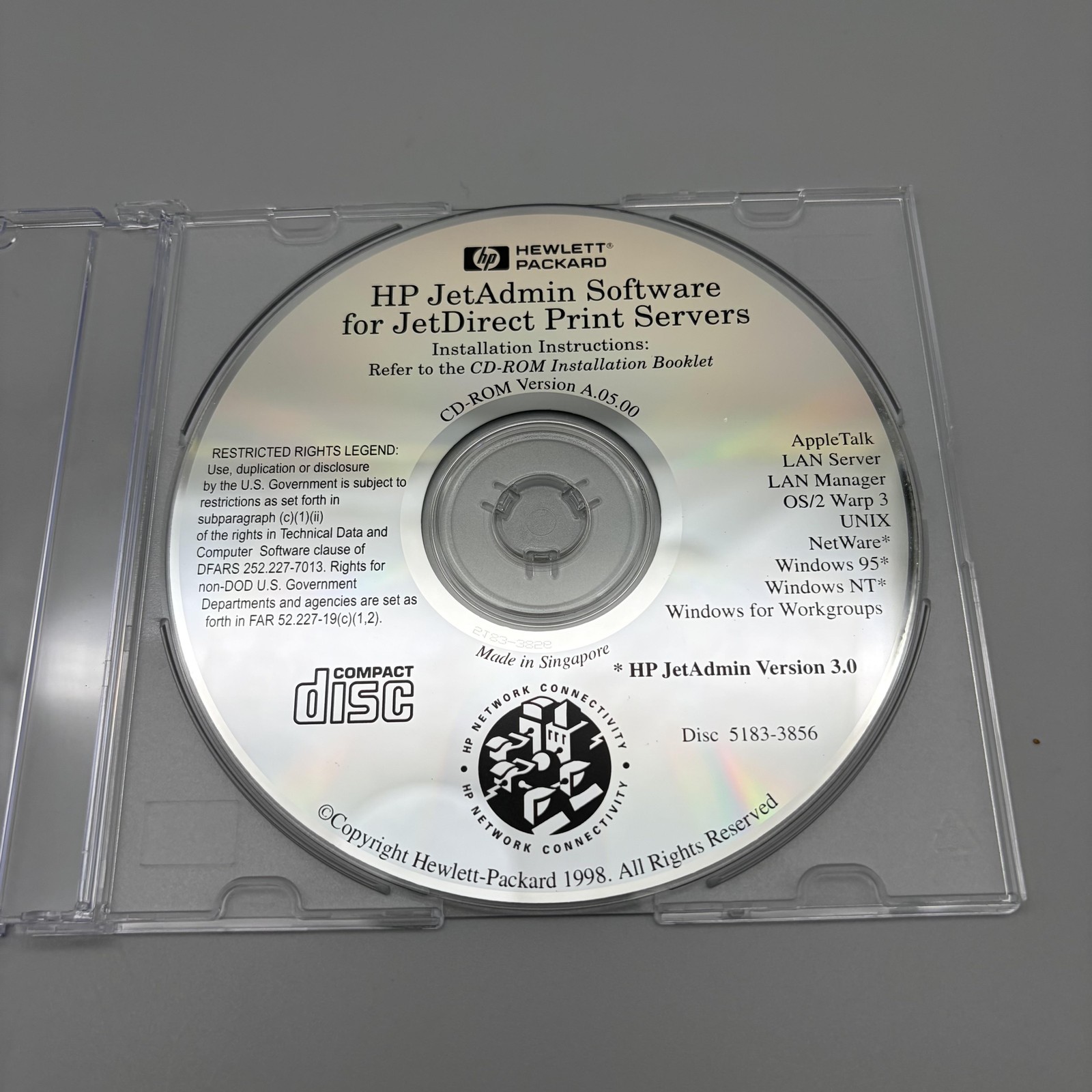 Vintage 1998 HP JetAdmin Software CD-ROM JetDirect Print Servers 5183-3856