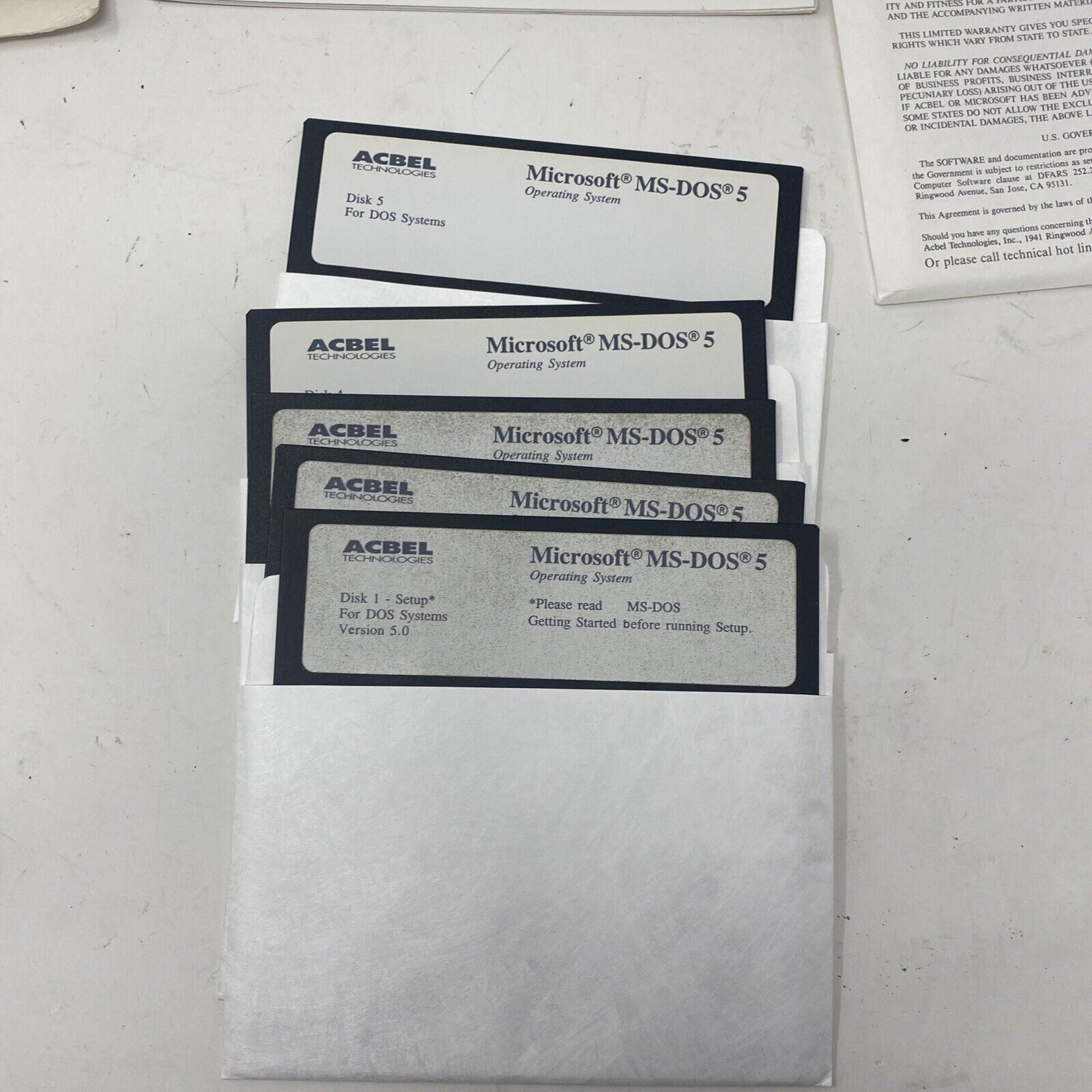 Microsoft MS-DOS 5 on 5 x 5-1/4″ 5.25″ Acbel Technologies Floppy Disks Complete