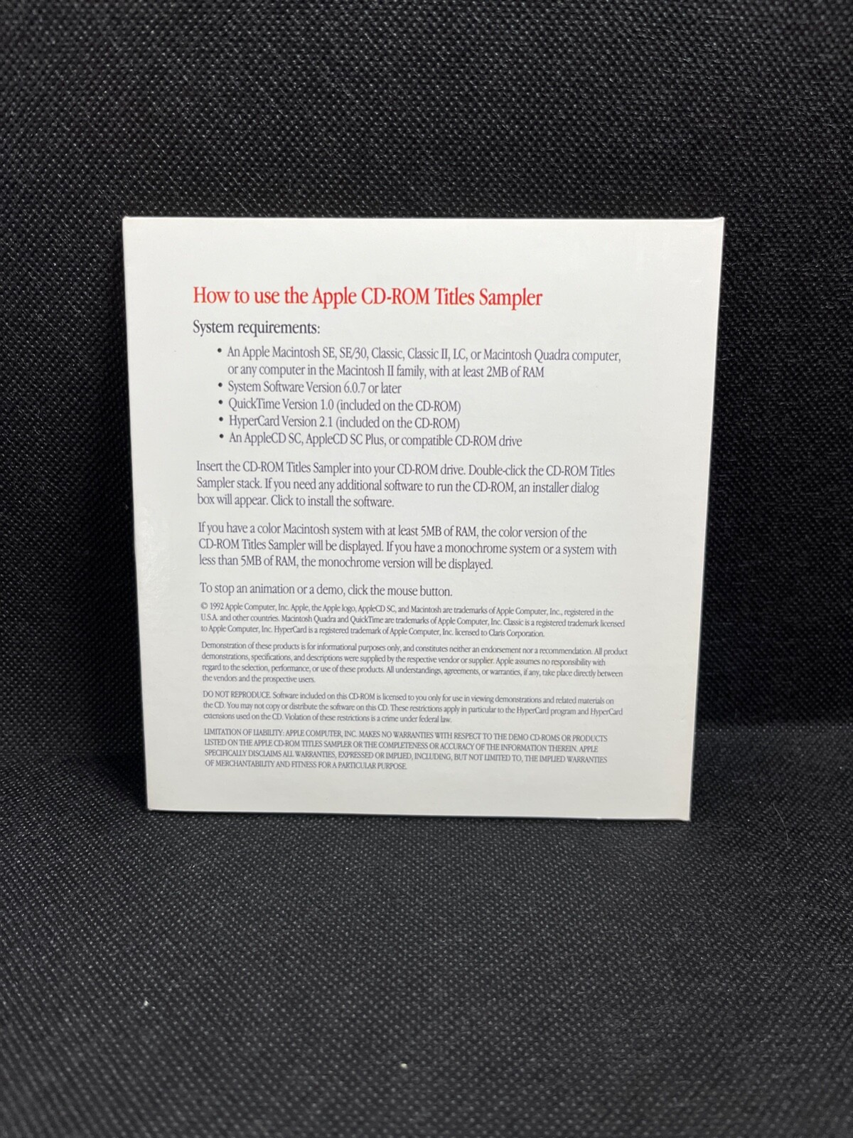 Rare, Vintage 1992 Apple Computer CD-ROM Titles Sampler, used, in paper case