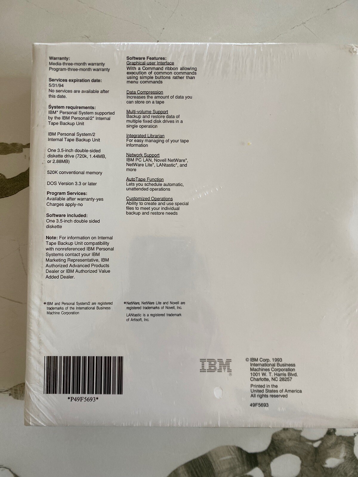 1993 IBM Personal Internal Tape Backup 250 New Sealed! 3.5 Diskette Dos Version