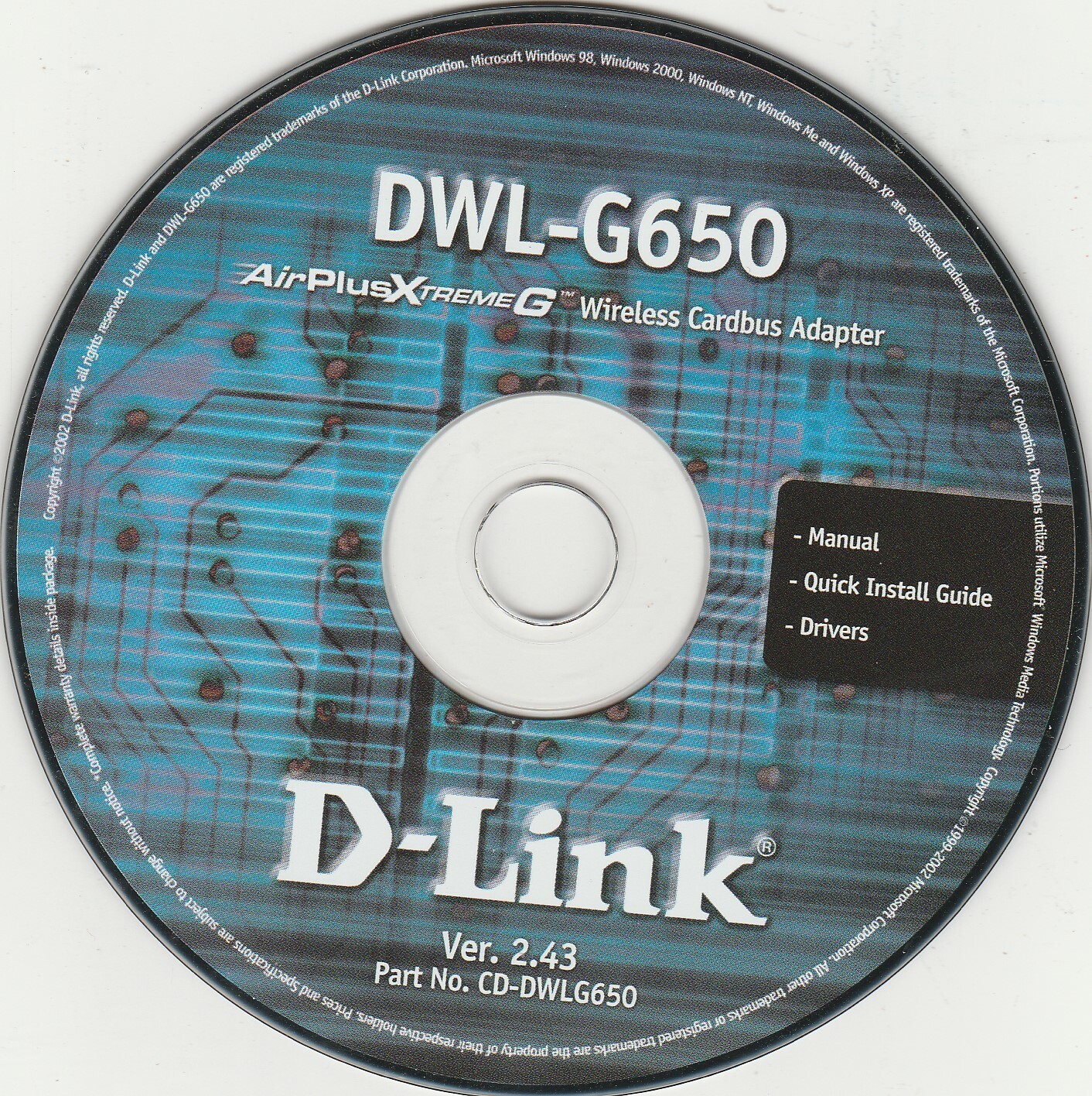 DWL-G650 AirPlusXtremeG Wireless Cardbus Adapter Ver. 2.43 PC CD-Rom byD-Link