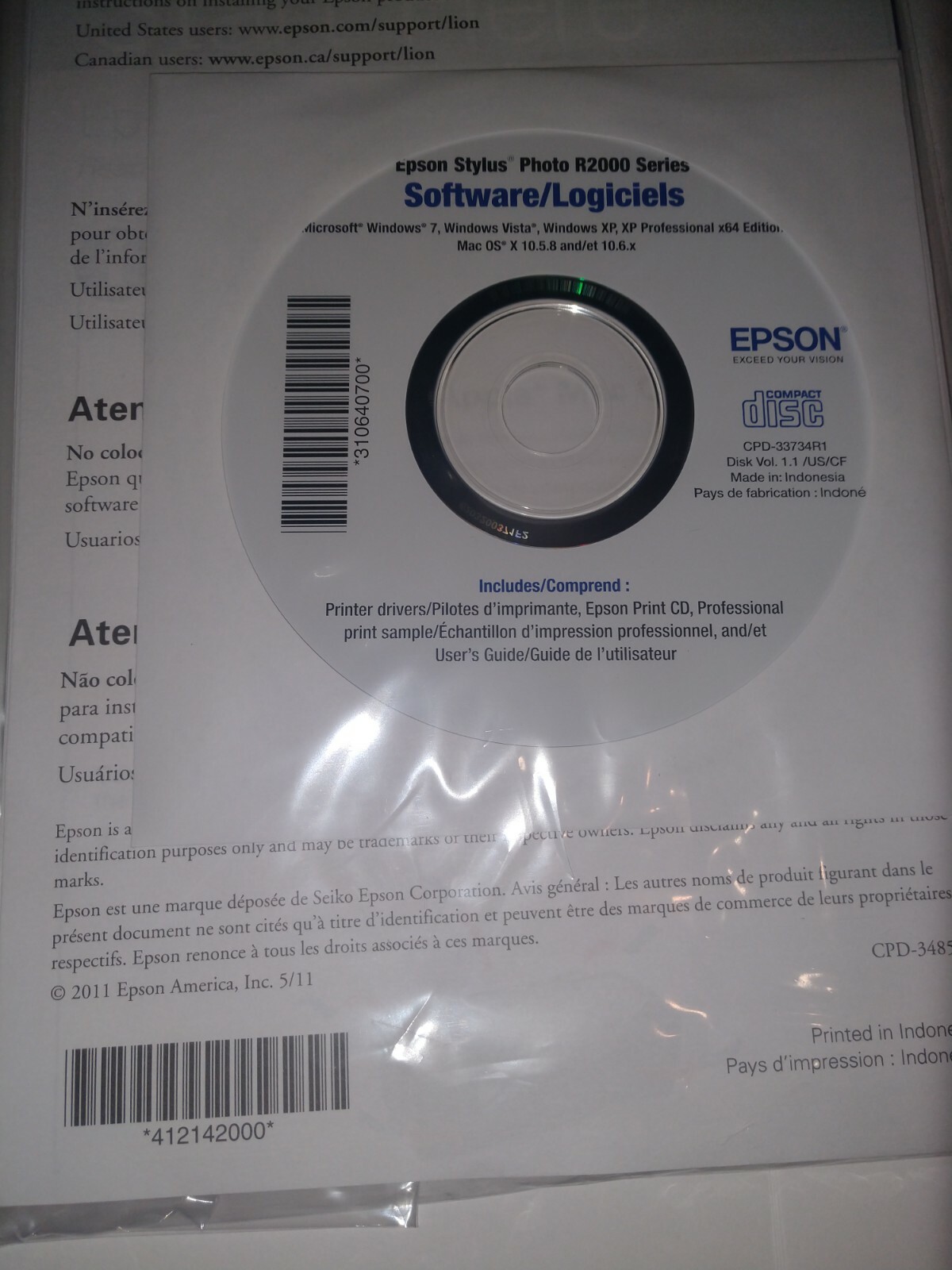Epson R2000 Driver Installation CD and paper user manual for Windows 7