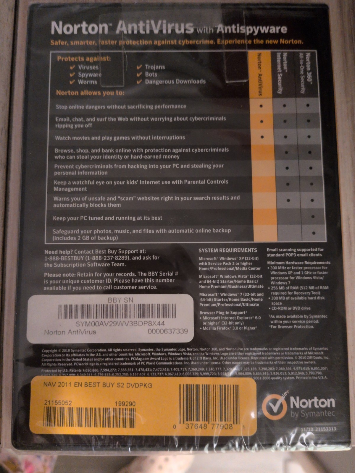 Norton AntiVirus 2011 with AntiSpyware by Symantec for Win 7/Vista/XP NEW SEALED