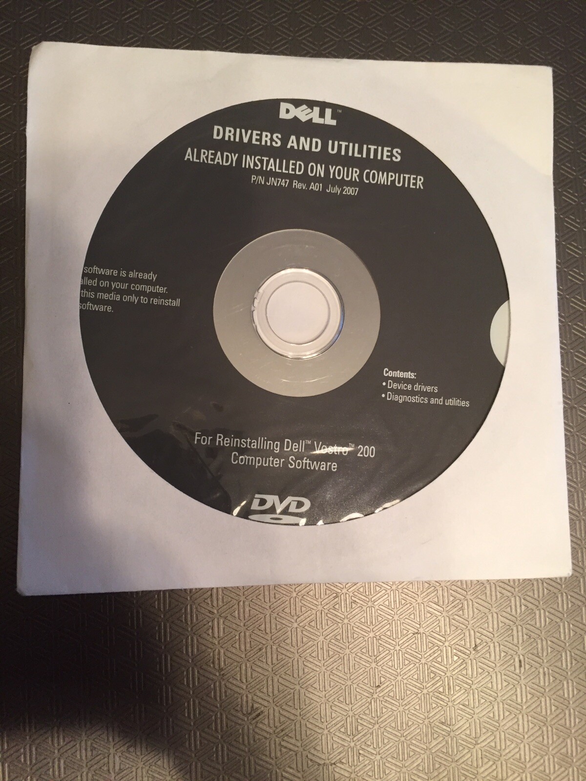 Dell Drivers And Utilities DVD, For Dell Vostro 200, JN747, Rev.A01, July 2007