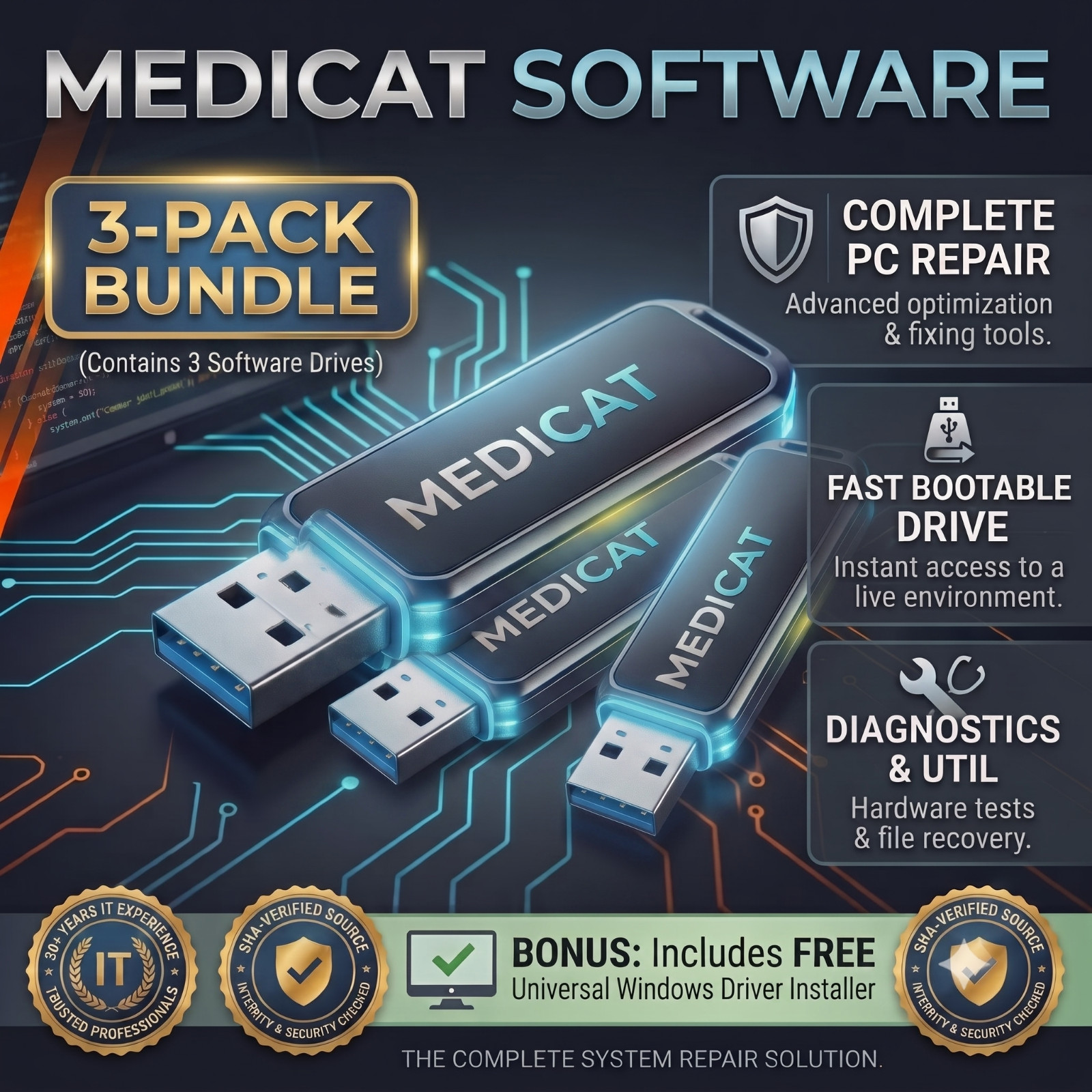 🔥MediCat PC Repair Recovery Toolkit🔥System Rescue Bootable🔥3 Pack: USB or DVD