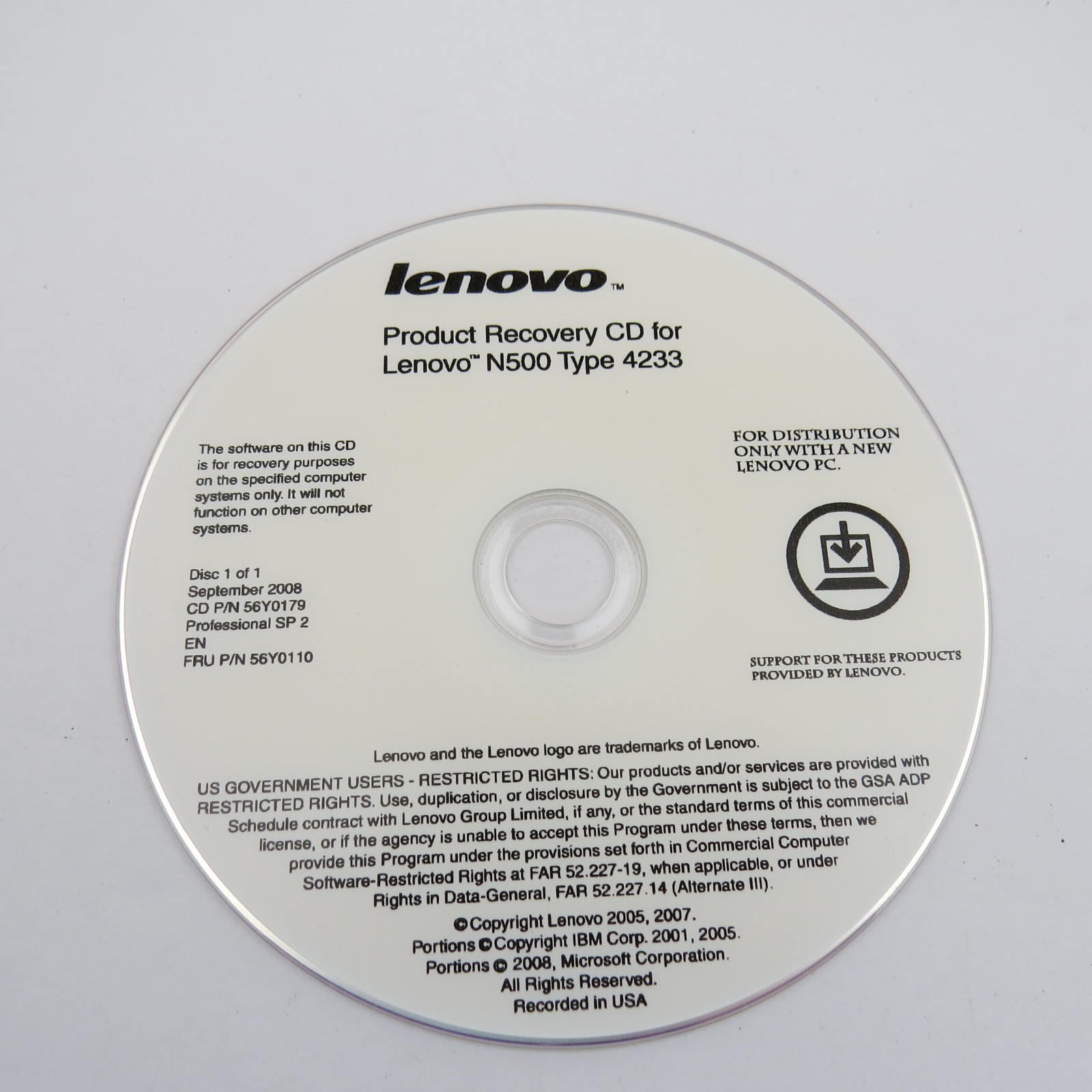 Lenovo N500 Type 4233 Windows XP Product Recovery Rescue Disc Set 2 Discs