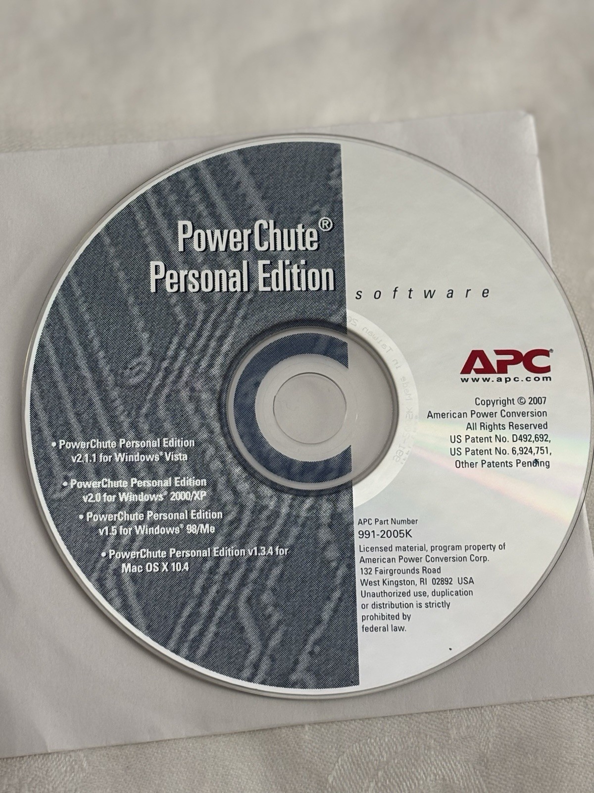 APC PowerChute Personal Edition CD v2.1.1 Windows Vista XP 98 Me Mac 991-2005K