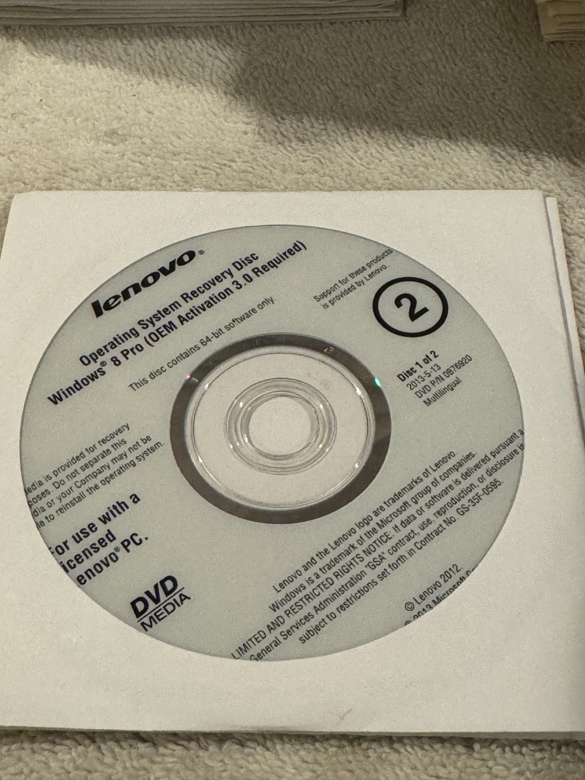 Lenovo O/S Recovery Disc Win 8 Pro (2 Discs) – VERY GOOD CONDITION!!!!