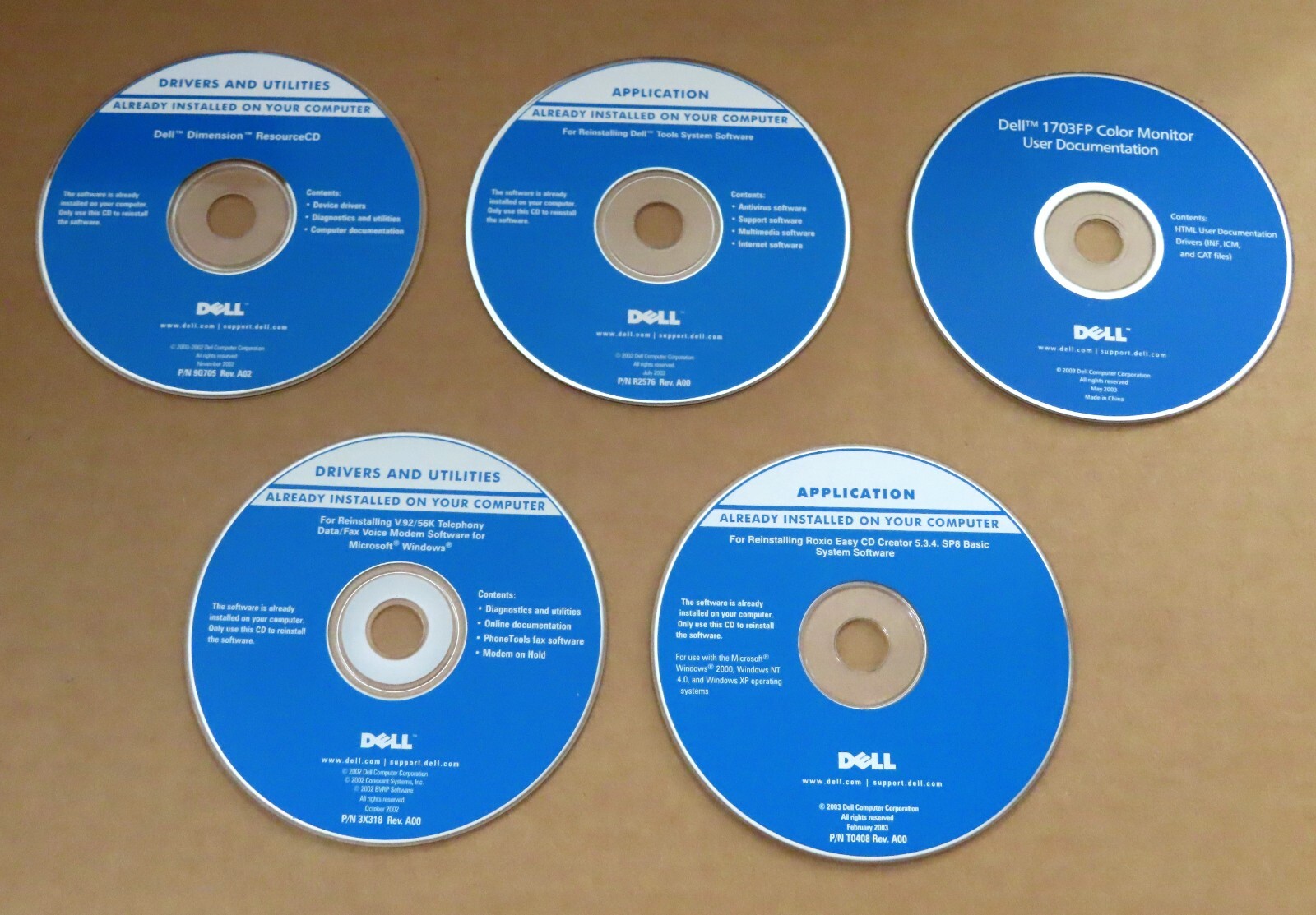 DELL Reinstall 5 CD’s 2002-2003: Resource, Roxio, Tools, Data/Fax, Color Monitor