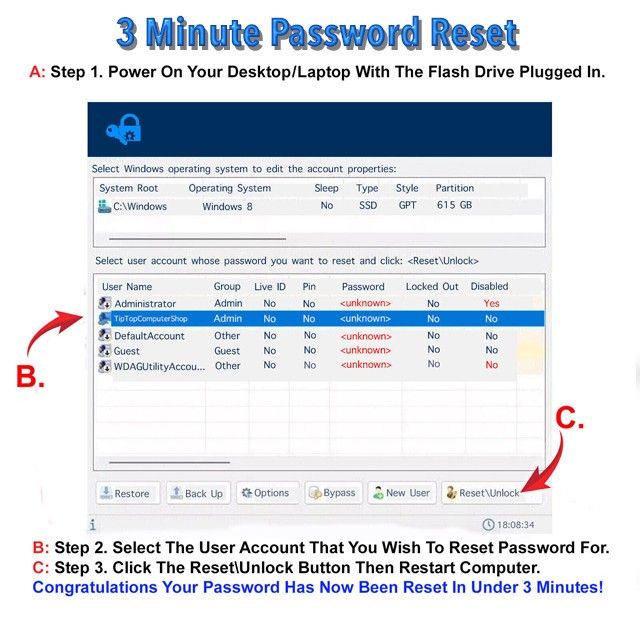 Windows Instant Password Reset Disc for Win 11, 10, 8.5, 8, 7, XP, Vista, Server