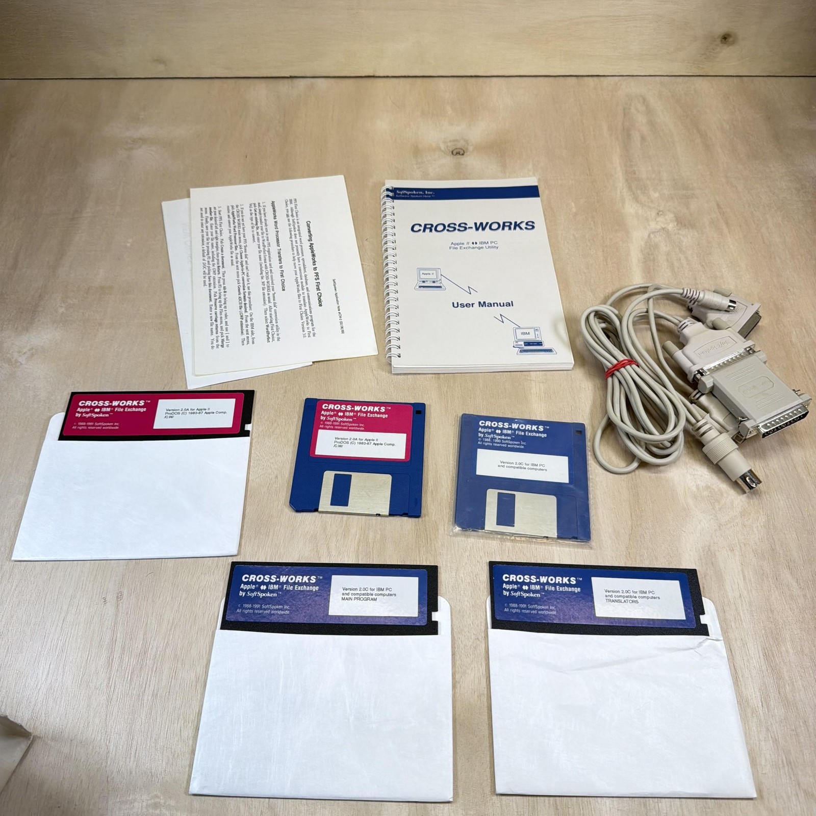 Vintage SoftSpoken Cross-Works Apple II IBM PC File Exchange Utility Disks Cable