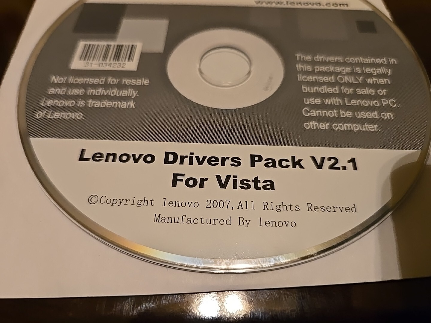 Lenovo Drivers Pack V2.1 For Vista – 31-034232 – See Pictures!