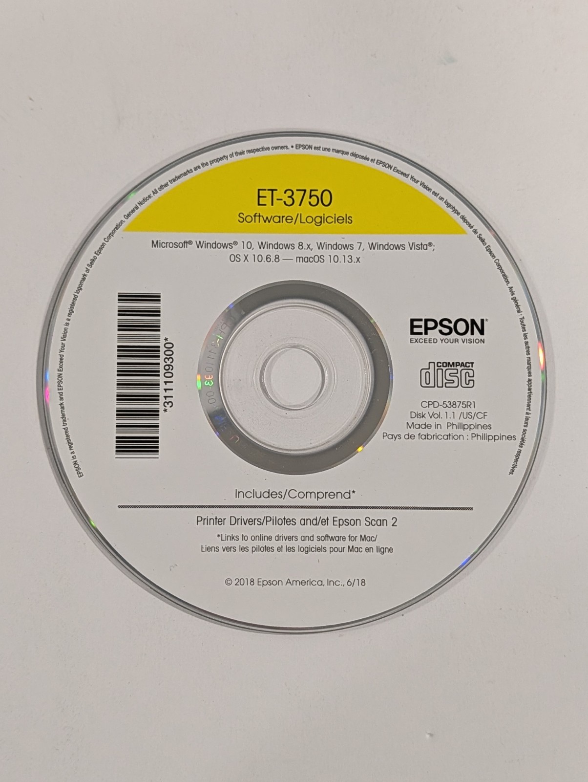 ET-3750 Epson Software PC CD-ROM | Printer Drivers & Epson Scan 2 | Windows/Mac