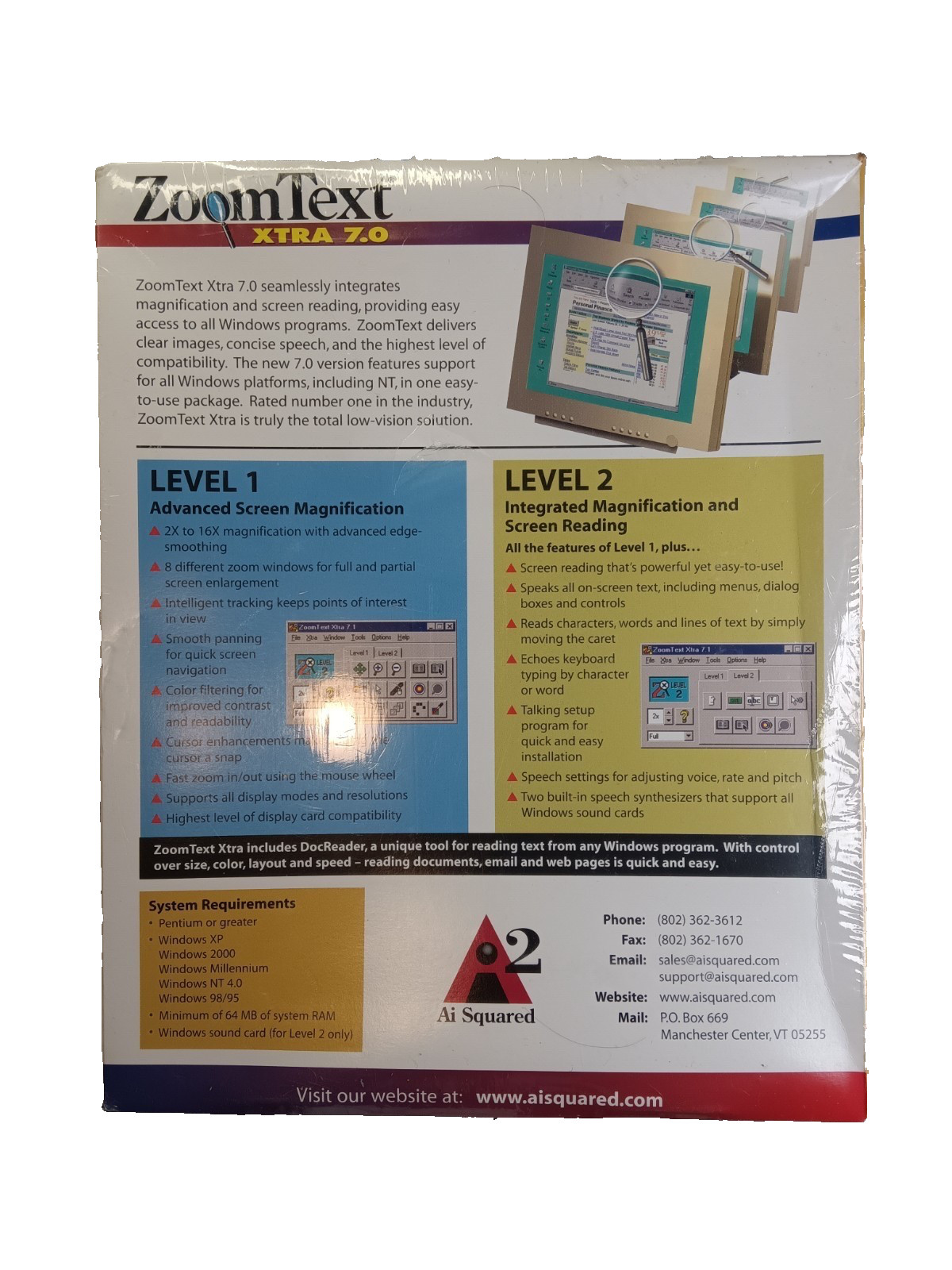 Ai Squared ZoomText Xtra 7.1 Windows XP 98 95 PC CD-ROM Big Box New/Sealed