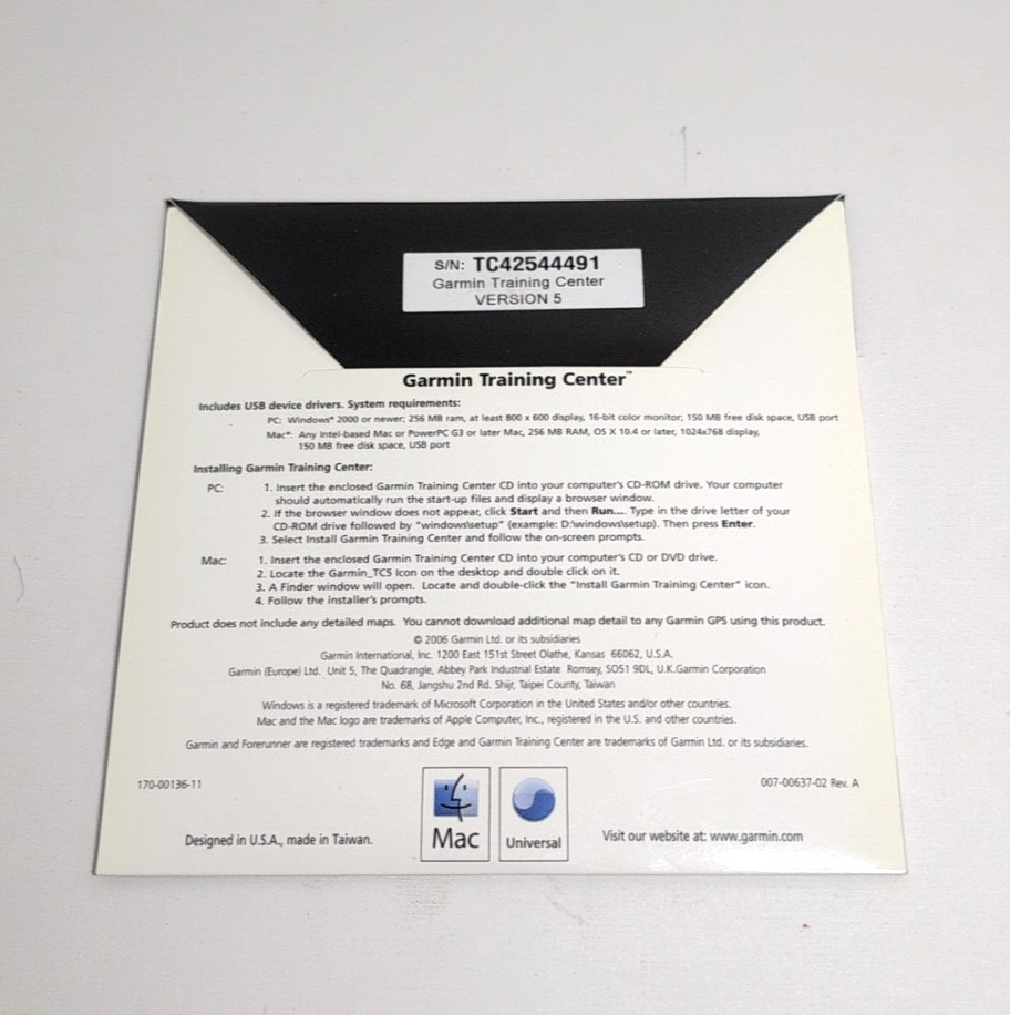 GARMIN TRAINING CENTER VERSION 5 CD-ROM 2006 – MAC OS X / MICROSOFT WINDOWS