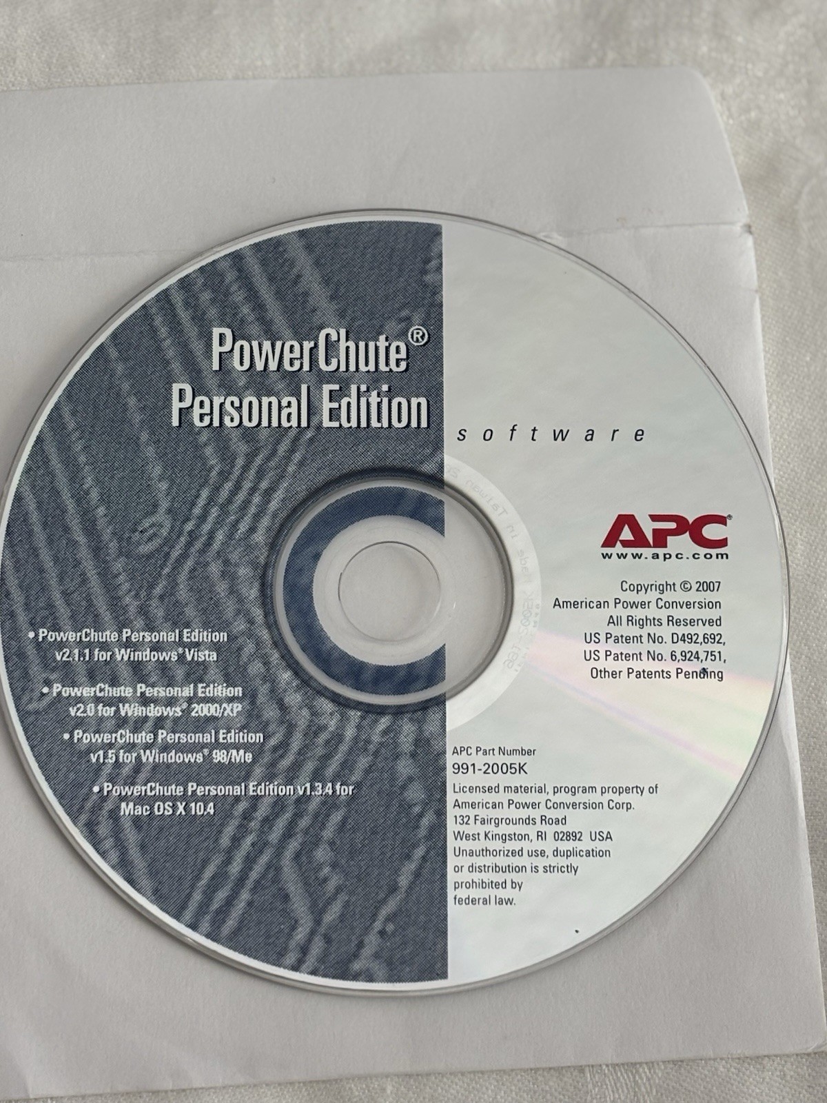 APC PowerChute Personal Edition CD v2.1.1 Windows Vista XP 98 Me Mac 991-2005K