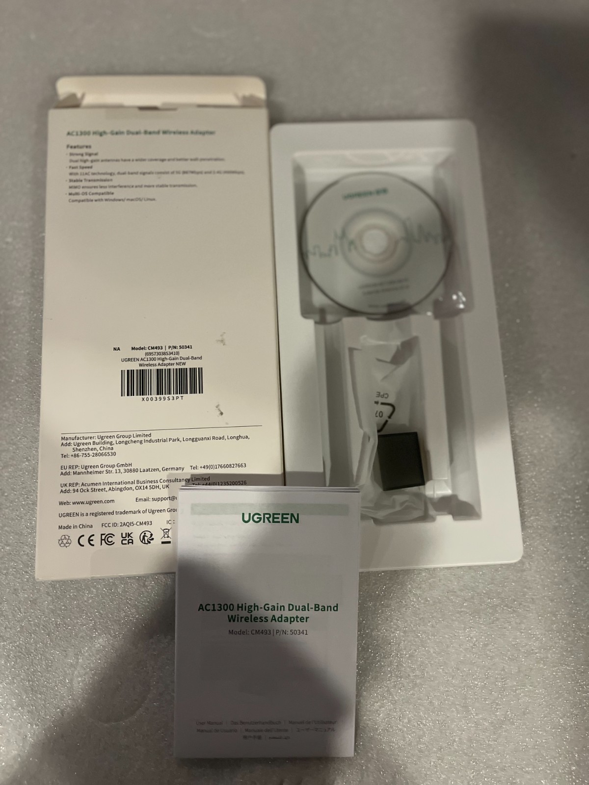 UGreen AC1300 Wireless Adapter Box with CD-ROM and Original Inserts