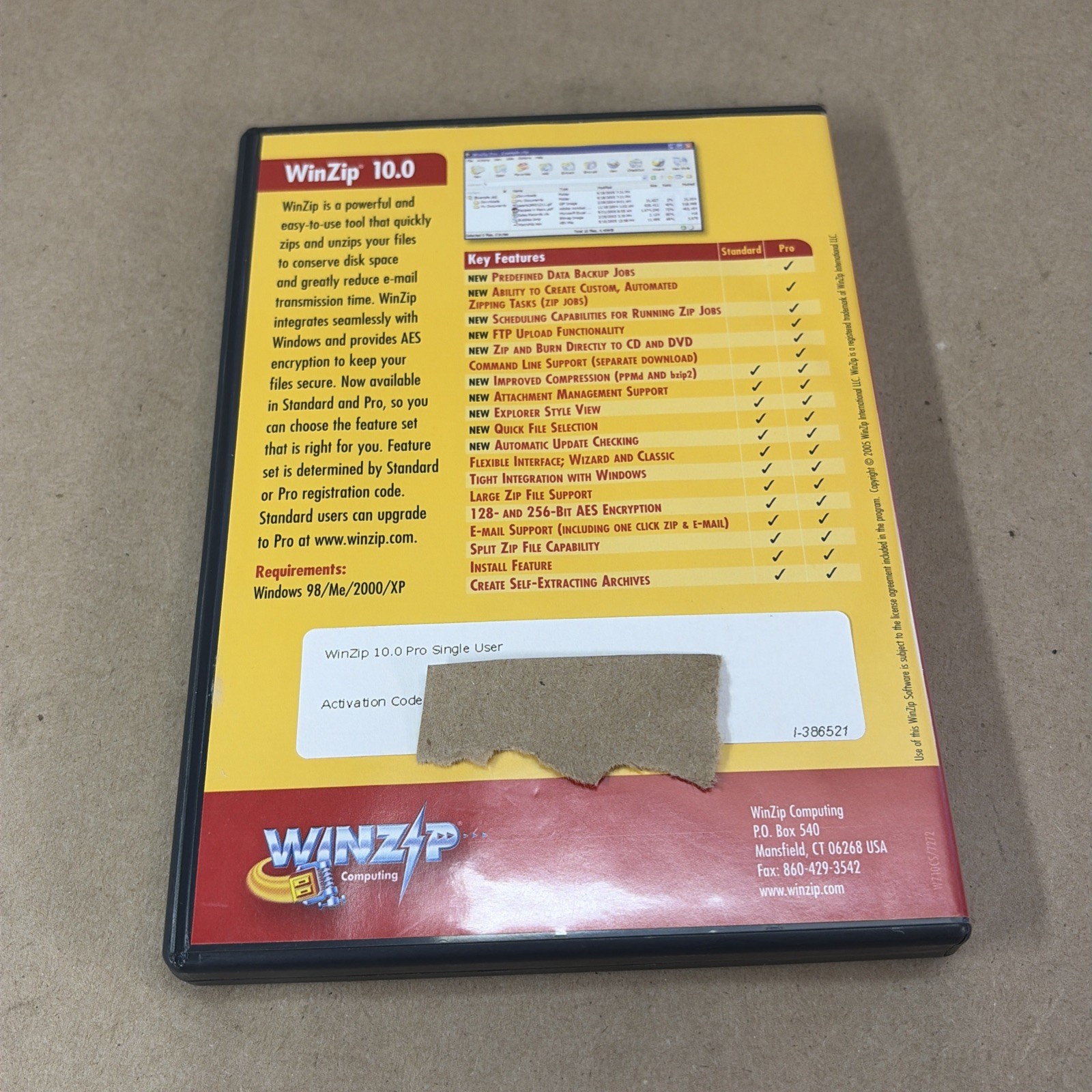 WinZip 10.0 Standard & Pro Single User CD Archive Utility Windows 98 XP with KEY