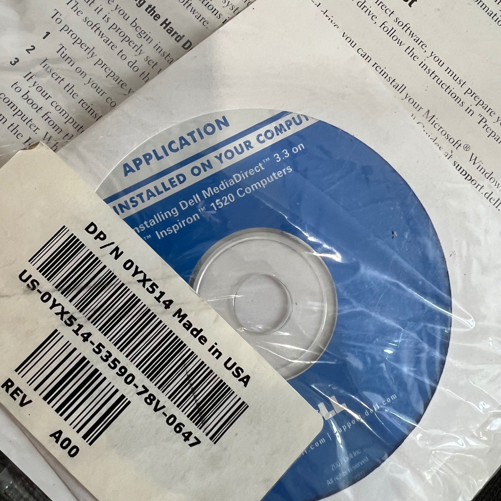 Dell MediaDirect 3.3 Reinstallation DVD Inspiron 1520 0YX514 REV A00 New Sealed