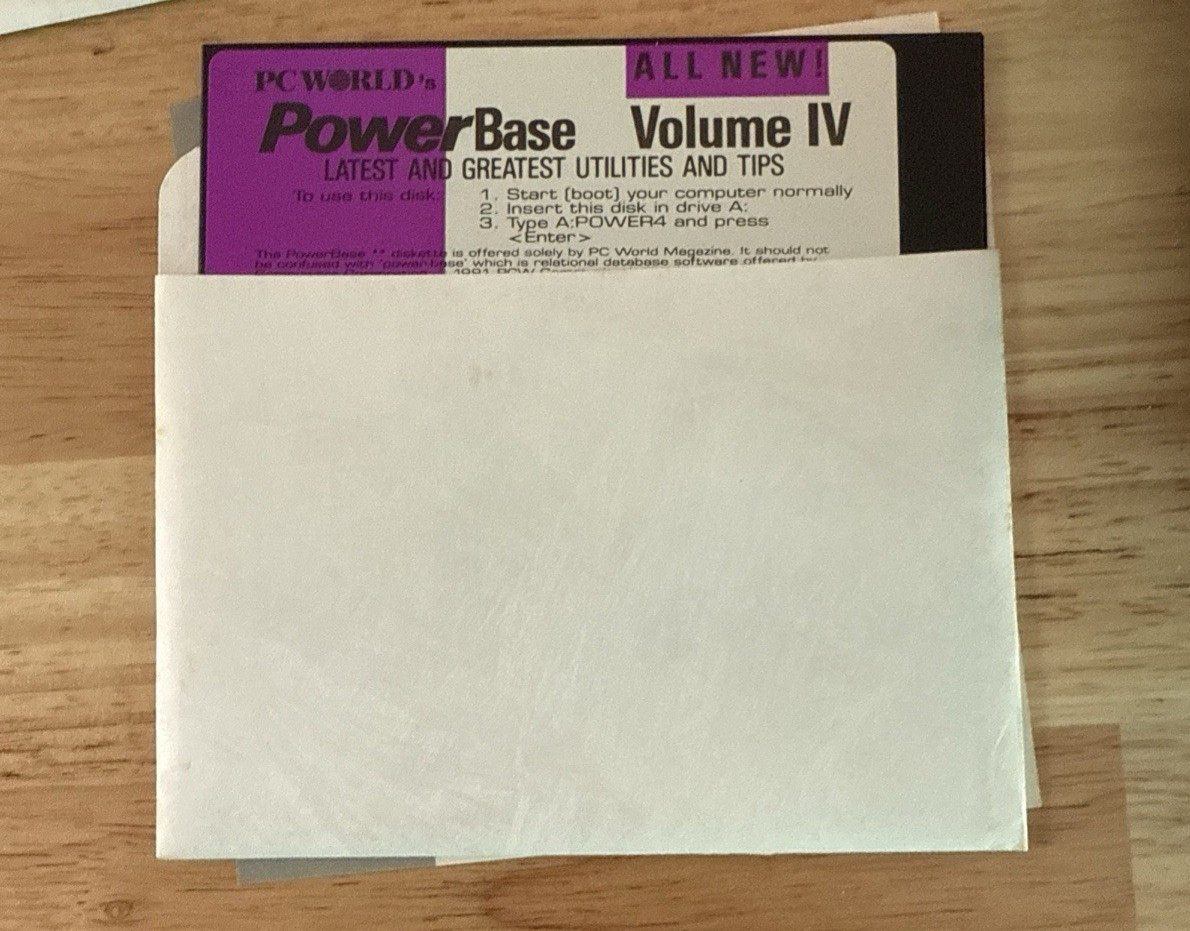 PowerBase Volume IV 5.25 Floppy Disk 1991 Utilities & Tips PC World Vintage