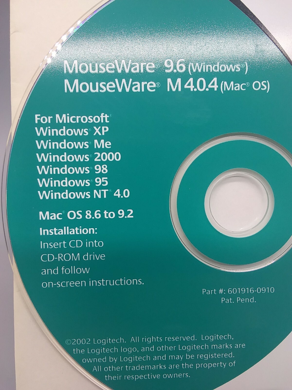 LOGITECH MOUSEWARE 9.6 (WINDOWS) M 4.0.4 (MAC OS) 2002 CD-ROM M 4.0.4