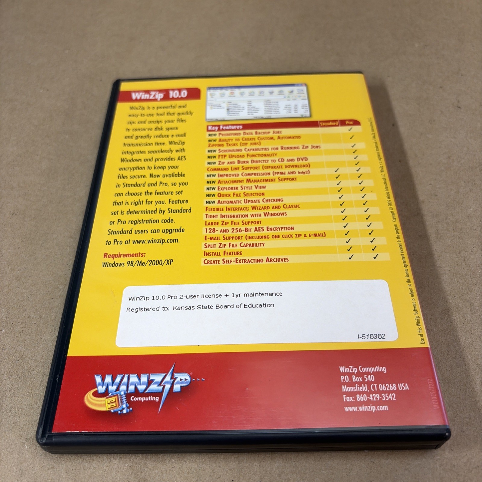 WinZip 10.0 Pro/Companion Two User License CD Utility Windows 98 NO KEY
