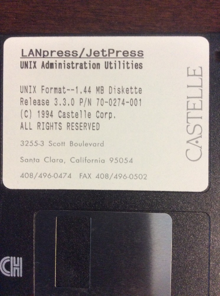 Castelle Landpress Jetpress UNIX Administration Utilities Ver 3.3.0 3.5″ Floppy