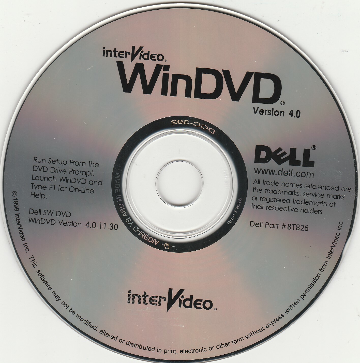Dell InterVideo WinDVD Ver. 4.0 part# 8T826 1999 ~ CD-ROM