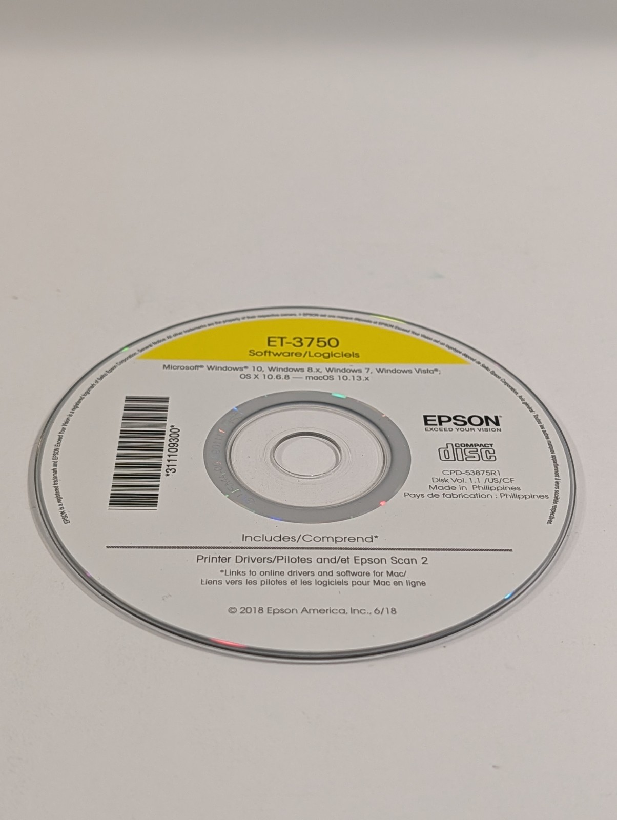 ET-3750 Epson Software PC CD-ROM | Printer Drivers & Epson Scan 2 | Windows/Mac