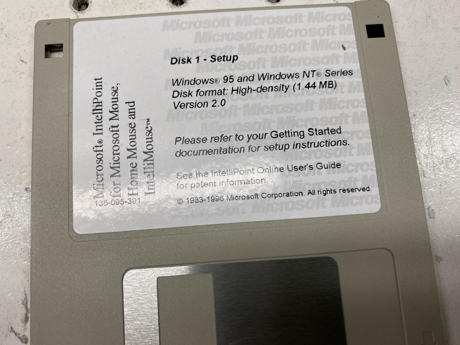 Vintage 1996 Microsoft IntelliPoint Mouse Drivers Disk 1 3.5″ Floppy 135-095-391