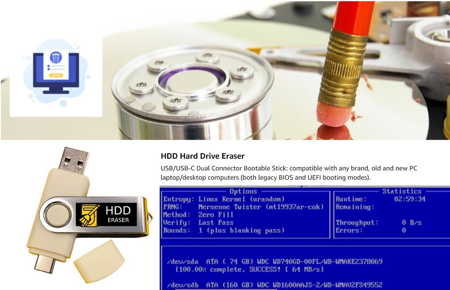 Hard Drive Eraser Data Destroyer USB Bootable Thumb Drive Stick Wipe HDD Disk