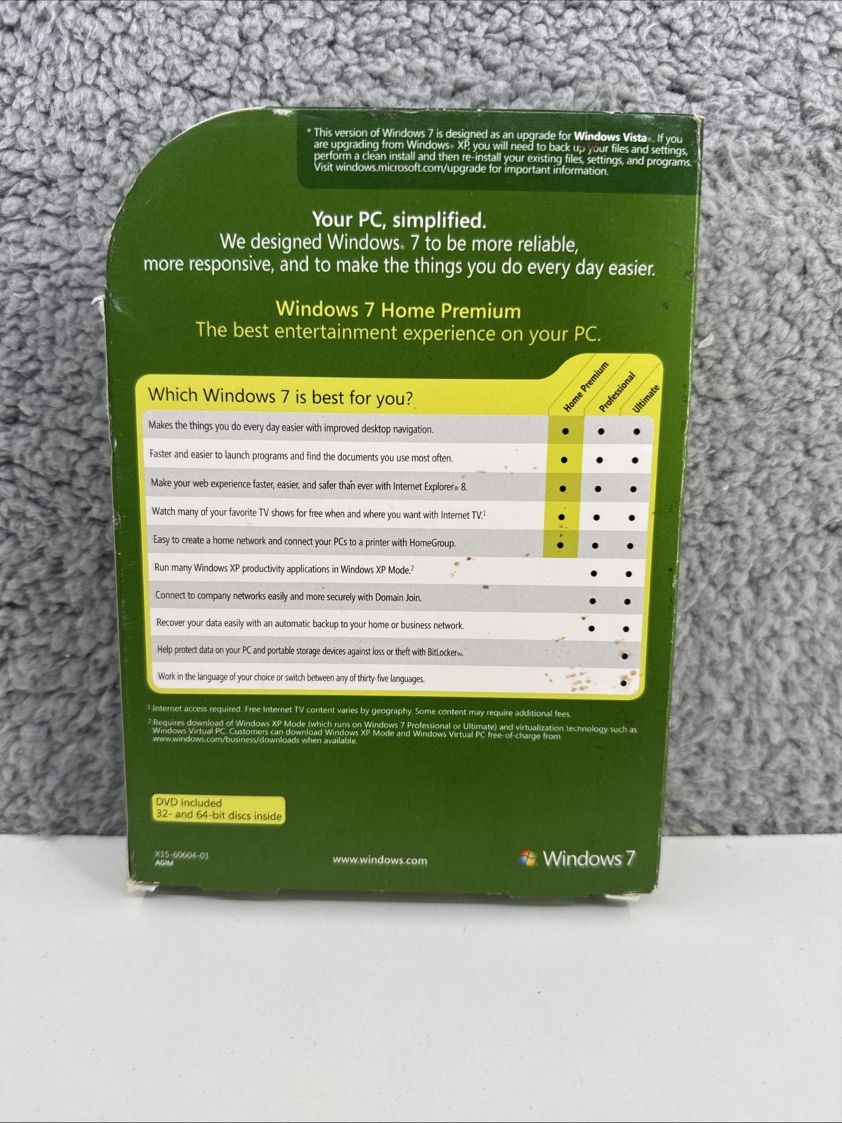 Microsoft Windows 7 Home Premium Upgrade 32 Bit and 64 Bit DVDs MS WIN