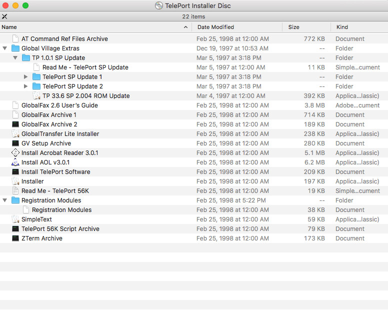 Vintage 1998, Global Village TelePort 56K Driver Software for Mac OS 7.x to 9.x