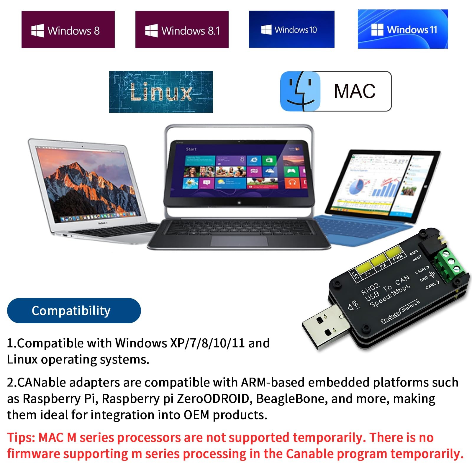 Jhoinrch USB to CAN Bus Converter Base on Open-Source Hardware CANable Black