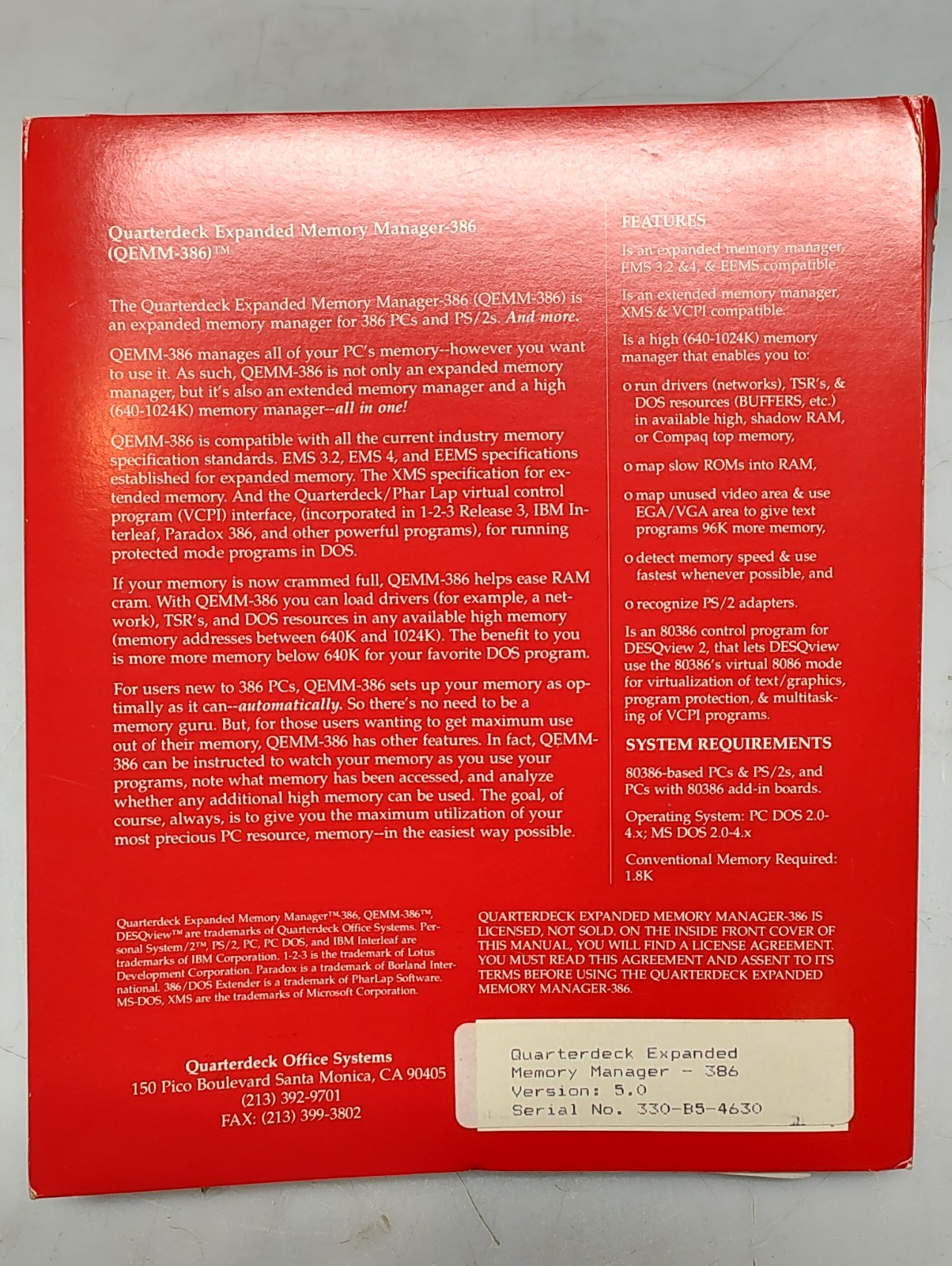 QEMM Quarterdeck Expanded Memory Manager 386 Vintage DOS Floppy w/Box and Manual