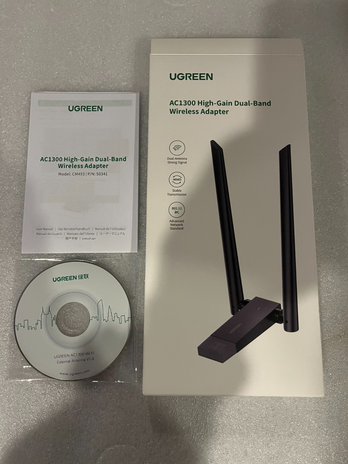 UGreen AC1300 Wireless Adapter Box with CD-ROM and Original Inserts