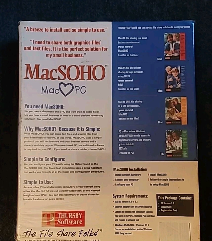 Apple Macintosh MacSOHO Software – V 1.0 – MAC PC File Sharing (Mac OS 8.6 9.X)