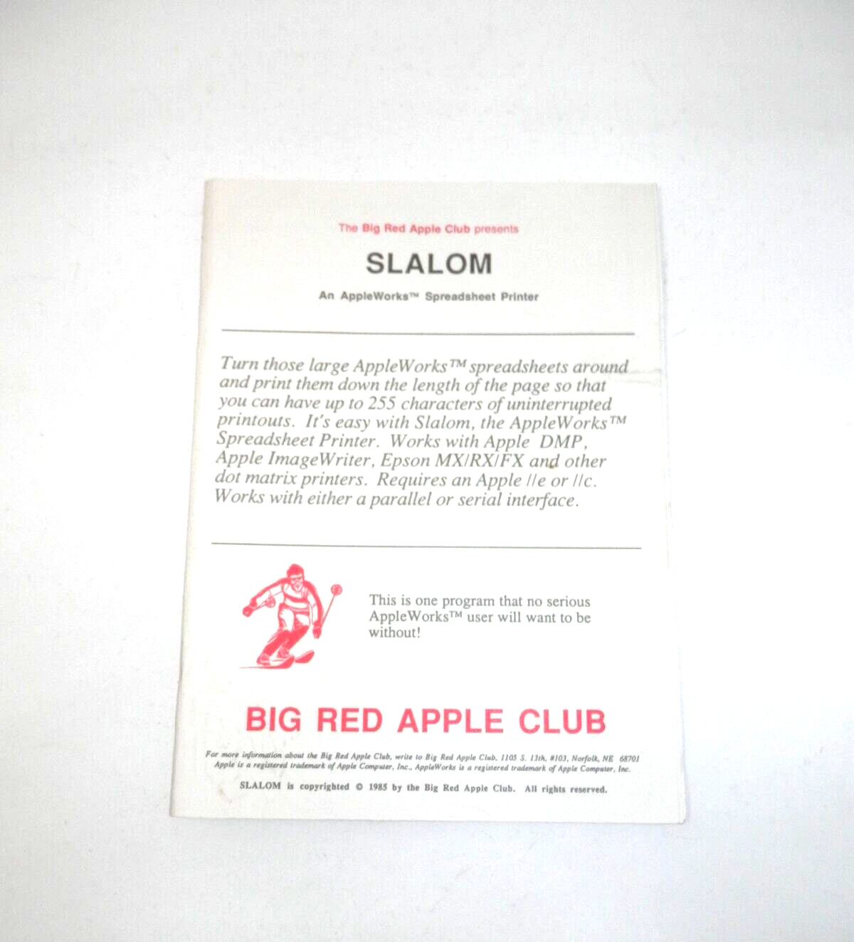 Slalom AppleWorks Spreadsheet Printer Program Vintage Software ’85 Apple IIe IIc