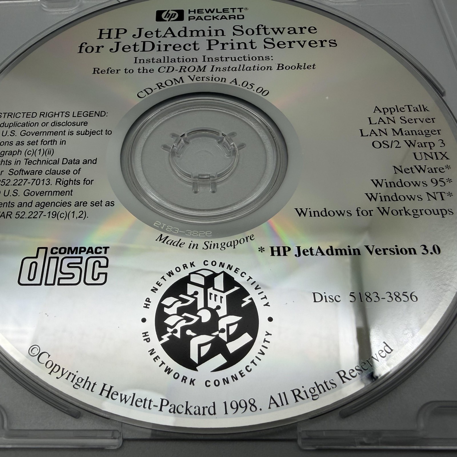 Vintage 1998 HP JetAdmin Software CD-ROM JetDirect Print Servers 5183-3856