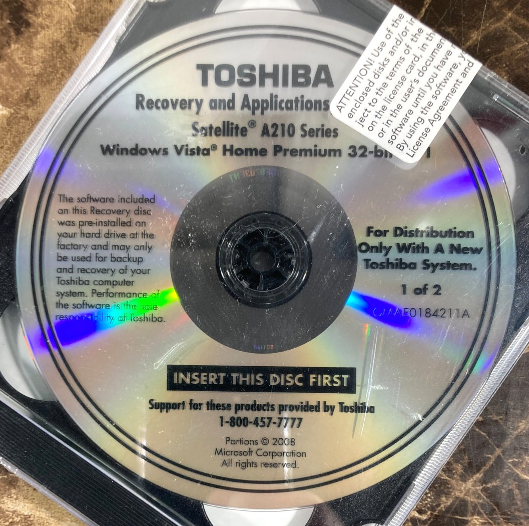 Toshiba Satellite A210 Laptop Recovery Applications/Driver CD-Rom NEW Vista