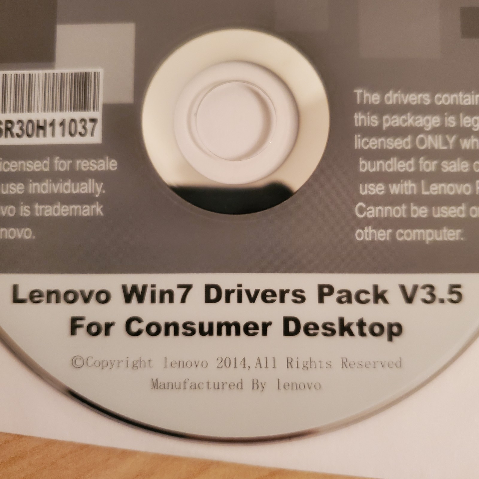 Lenovo Win7 Drivers Pack CD V3.5 Desktop SR30H11037 VERY CLEAN
