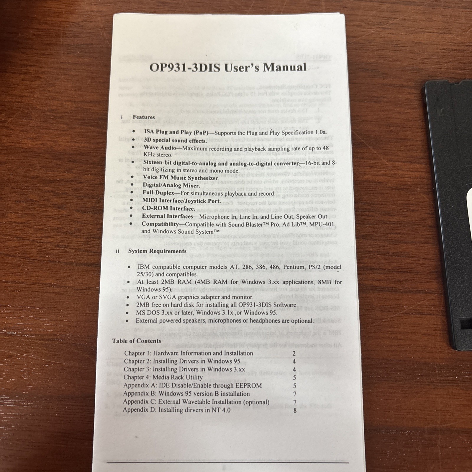 Vintage Opti OP931-3DIS Sound Card, Box and 3-1/2″ Floppy Disk