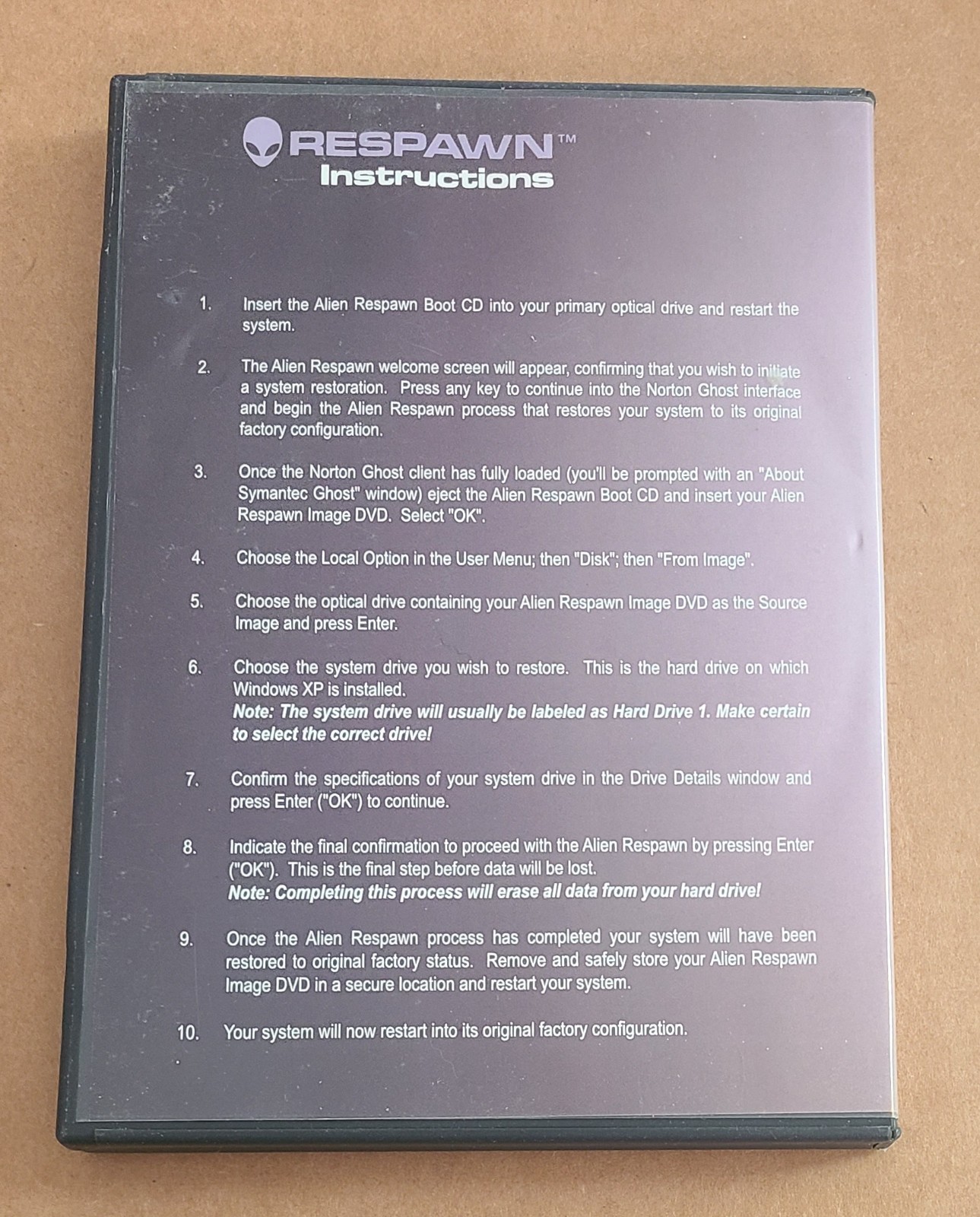 Alienware Respawn Utiliy CD + Image DVD Set Windows XP Gaming Computer Software