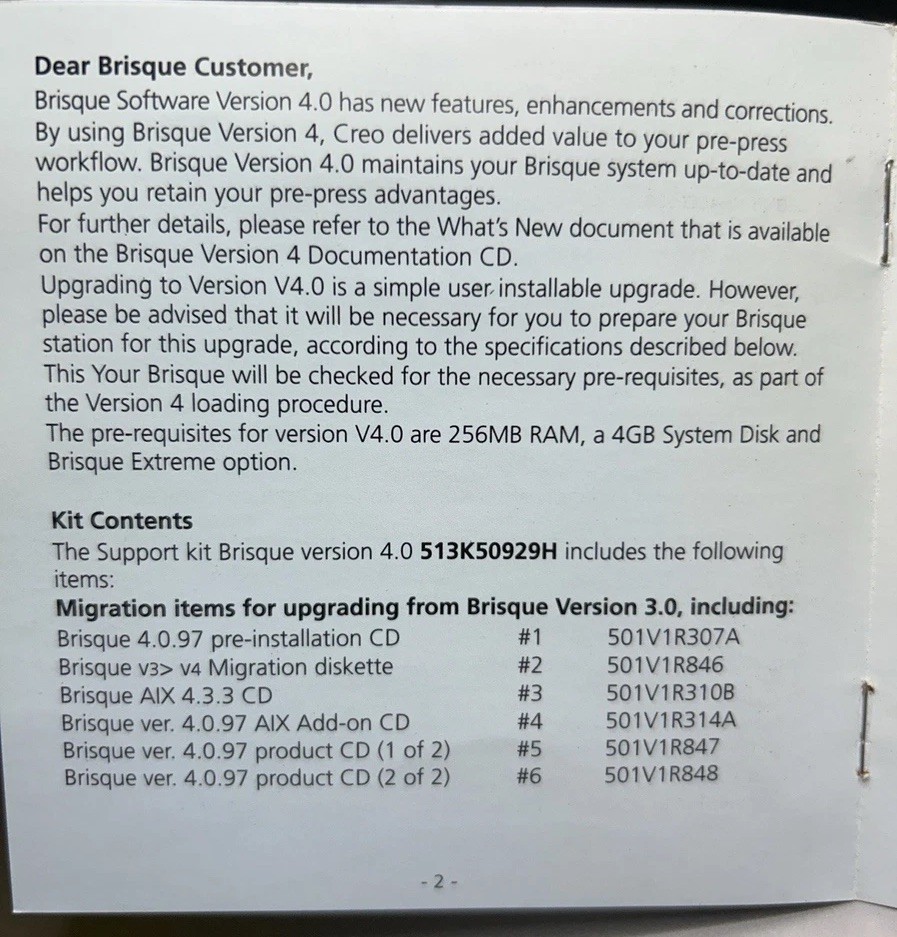 Creo Brisque 4.0.97 RIP Software Installation Kit – 8 Disks + Docs – Legacy